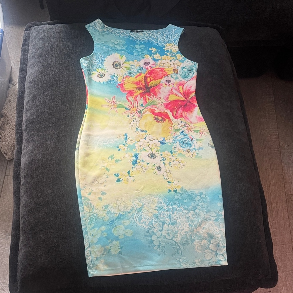 UK2LA Aqua, Yellow and Pink Floral Midi Sheath Dress